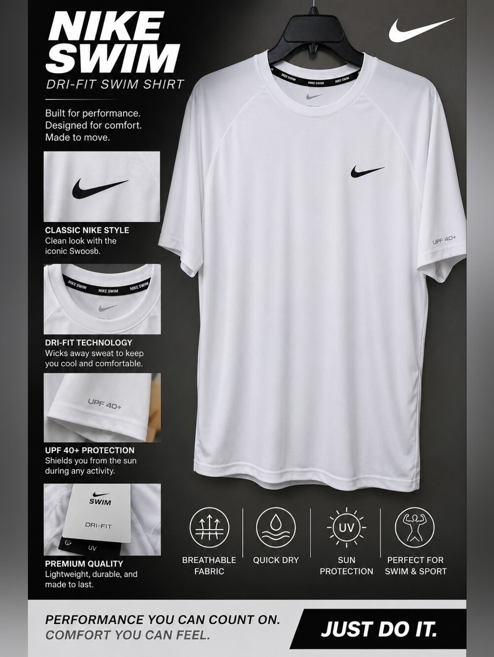 Nike White Dri-FIT Swim Polo Shirt with Black Swoosh